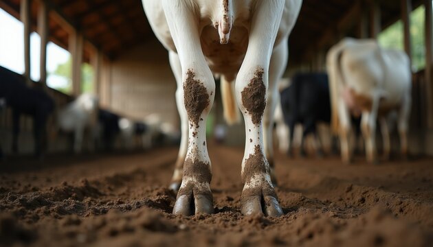 Close up of dirty cow hooves standing on barn floor. Other cattle visible in blurred background. Farm animal, dairy production, agriculture concept. Natural farm setting.