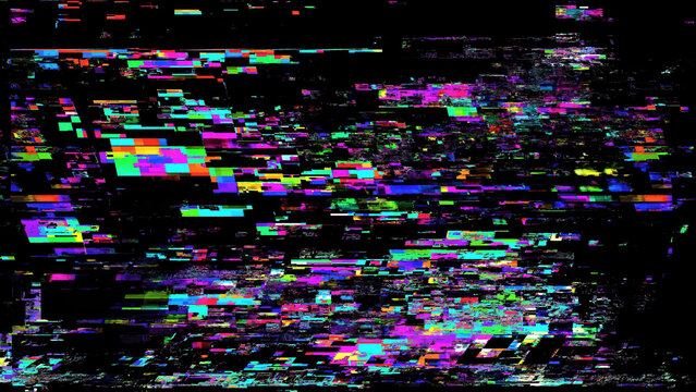 Abstract digital glitch texture on a black background, with distorted neon blue, cyan, green, and purple scan lines, creating a futuristic cyber error effect.