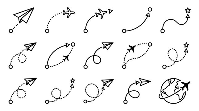 Airplane and paper plane line path icon set