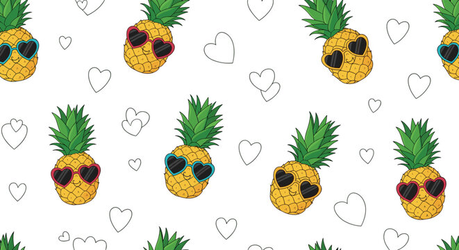 Playful seamless pattern of pineapples wearing heart shaped sunglasses interspersed with white hearts on a plain white background.