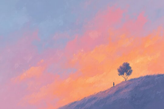 A person standing atop a hill with a tree in the foreground and a sunset in the background. the sky is painted in a range of warm colors from deep oranges to bright yellows and the sun is setting in.