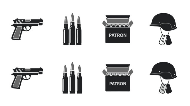 Black military weapon and ammunition icon set with helmet