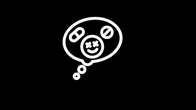 Thought bubble with pills and a dizzy face icon, representing mental health or medication thoughts