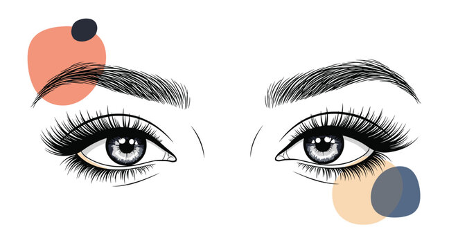 Stylish illustration of female eyes with dramatic black lashes and grey irises accented by colorful abstract dots on a plain white background.