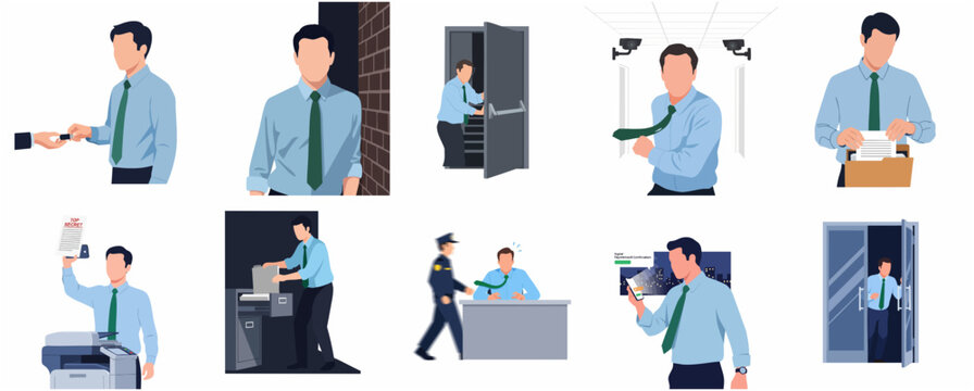 Set of flat vector illustrations depicting corporate espionage, industrial spying, data theft, and suspicious employee behavior in a business office setting