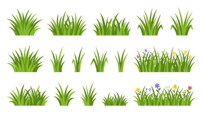 Set of green grass tufts and floral meadow vector elements