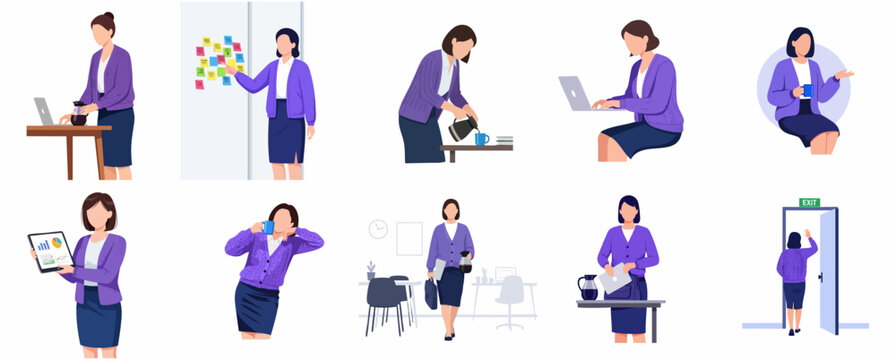 Flat Vector Businesswoman Character Set Showing Daily Office Routine and Work Tasks