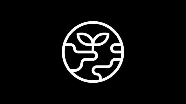 White line art icon of a sprouting plant on a stylized earth globe against black background