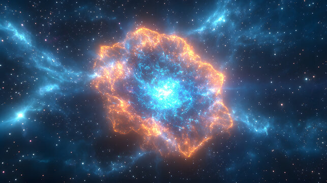 Abstract cosmic background showing blue and orange explosion nebula in deep space
