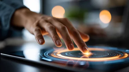 European hand gently interacts with a glowing touchscreen interface in a modern workspace Generative AI © Maksim Shebeko