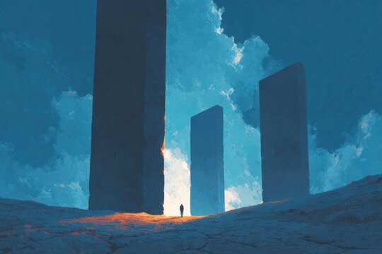 A person standing in front of three tall pillars in the middle of a desert with a sky full of clouds in the background.