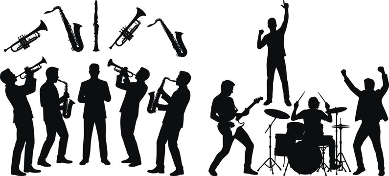 Silhouette collection of jazz band and rock musicians playing instruments with singers and isolated wind instruments on white background