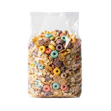 Colorful cereal in a clear plastic bag