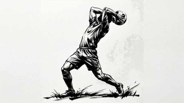 Sumi-e illustration of a male soccer player throwing a ball on a white background