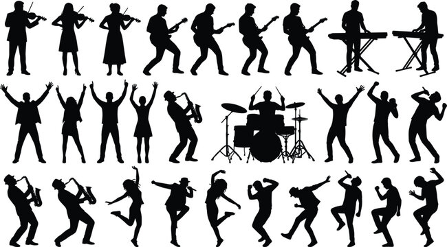 Silhouette collection of musicians, singers, dancers, and concert crowd performing on stage isolated on a white background