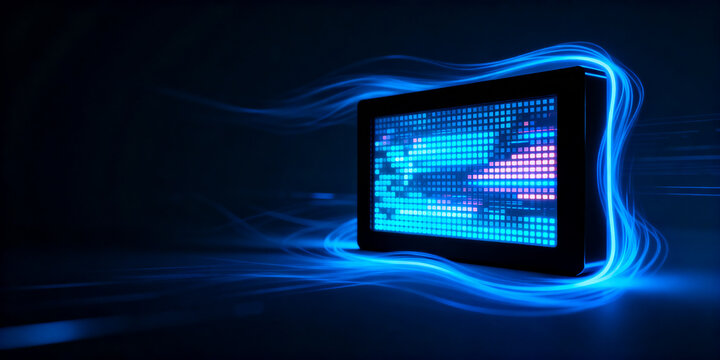 Blue neon light moves around a black rectangular frame on dark background, digital screen reveals glowing diodes forming RGB pixel texture creating futuristic digital atmosphere minimal clean tech vis