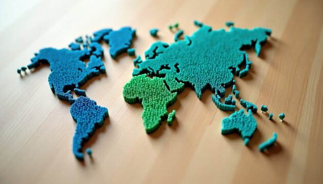3D world map model made of small particles. Continents colored blue and green show global population density and geographic spread across wooden surface.