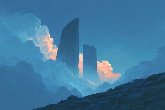 A majestic mountain landscape with two tall towers in the middle of it surrounded by a sky filled with clouds. the mountains are a deep blue color and the sky is a mix of blues and purples.