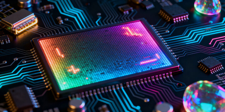 A seamless gradient circuit background shows a digital screen with glowing neon diodes forming an RGB pixel texture that evokes a futuristic electronic hardware aesthetic design concept style backgrou