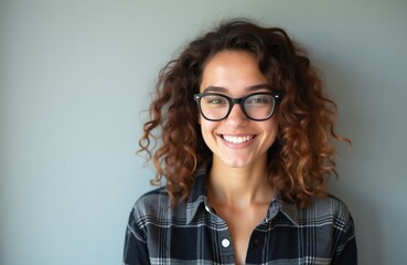 Obraz premium Young woman with curly hair wears glasses and plaid shirt. She smiles happily looking directly at camera. Casual portrait in studio setting with plain wall.
