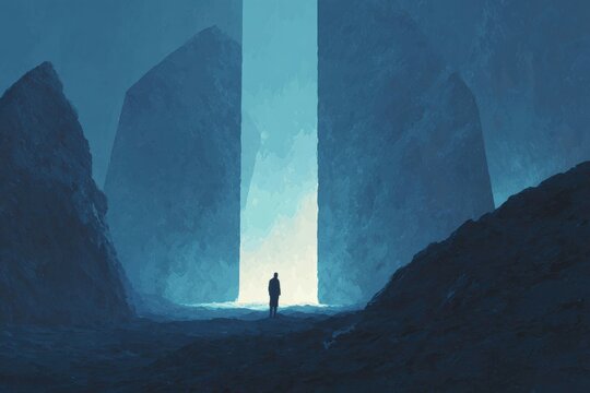 A man standing in the middle of a dark cave surrounded by hills on either side. he appears to be looking out into the distance as if he is searching for something.