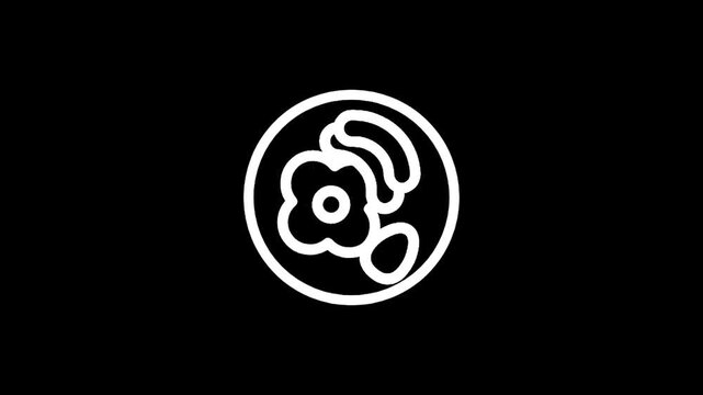 Simple white line art icon of a breakfast meal with egg and sausage on a black background