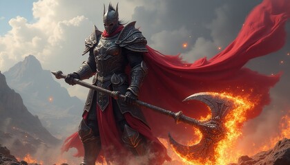 Naklejka premium Armored warrior stands with flaming axe. Crimson cape flows behind him. Fiery battleground landscape under stormy sky. Epic fantasy scene, powerful fighter.