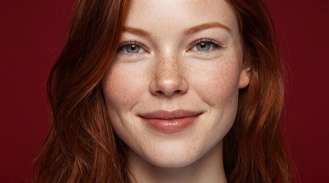 A young Caucasian woman with long red hair and freckles smiles against a red background. Her expression is warm and inviting, showcasing natural beauty.
