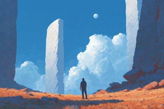 A man standing in the middle of a desert surrounded by rocks and grass. the sky is filled with clouds and a moon is visible in the background.