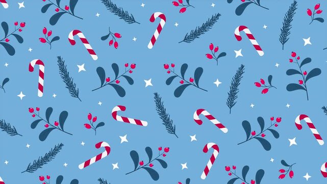 Leaves and berries with candy cane seamless pattern animation. Perfect for holiday decoration. Winter holidays theme. 4K animation