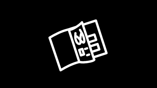 Simple line drawing of an open brochure with text and boxes on a black background
