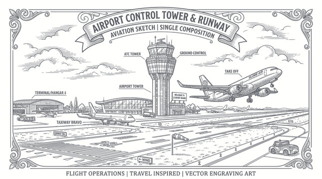 airport control tower and runway with airplane taking off