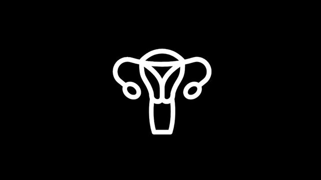 Simple white line art icon of female reproductive system on black background