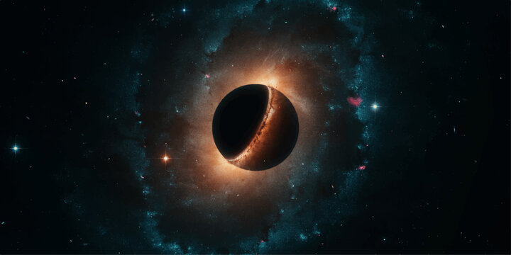 Dark Planet or Black Hole Surrounded by Glowing Nebula in Outer Space &ndash; Cosmic Science Art