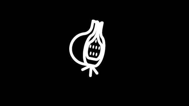 Simple line art illustration of a pomegranate cut in half showing seeds on a black background