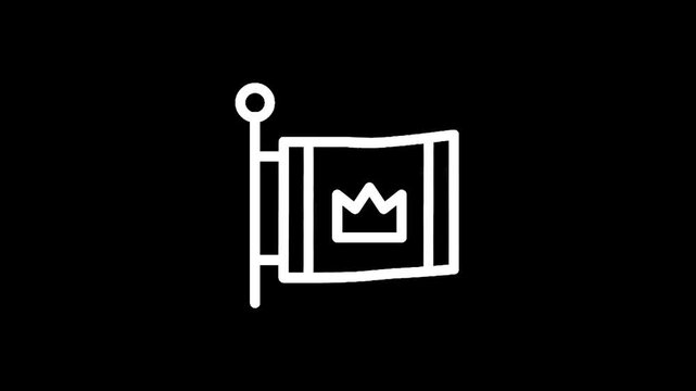 Simple line art icon of a flag with a crown symbol on a black background