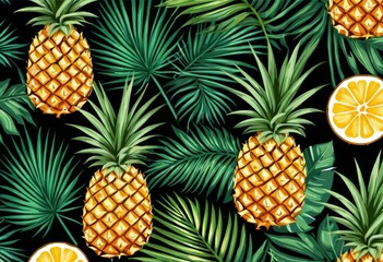Fototapeta premium Seamless background pattern of pineapples and tropical leaves