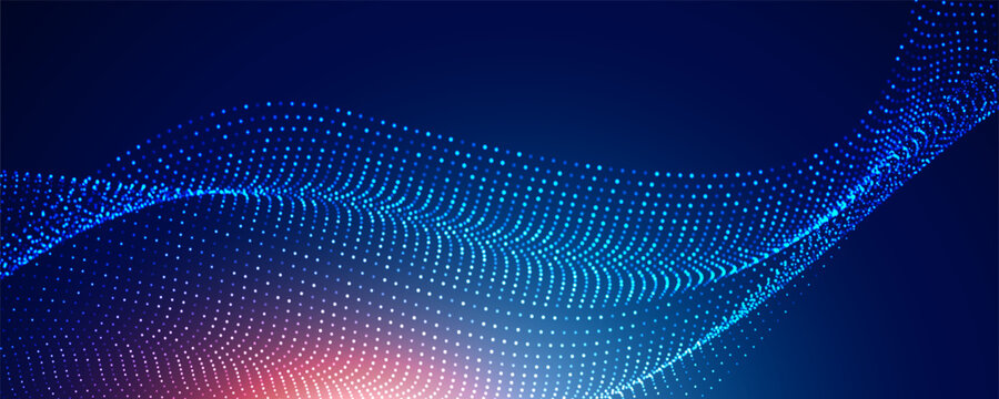 Modern technology background featuring a flowing wave of glowing blue particles on a dark gradient backdrop. The dynamic dotted mesh creates a sense of digital connectivity, artificial intelligence, b