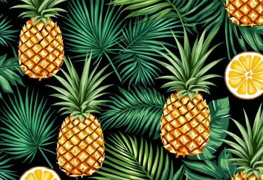 Seamless background pattern of pineapples and tropical leaves