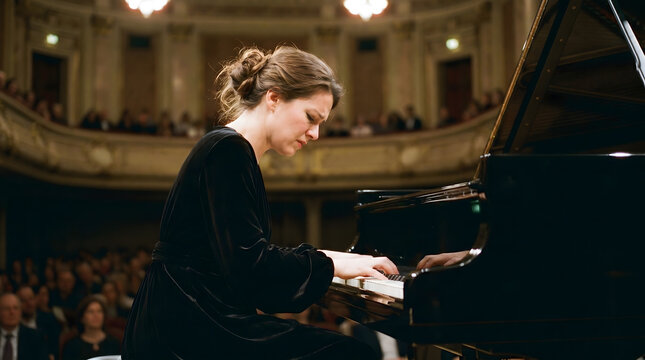Candid portrait of an elegant woman playing a grand piano during a classical music concert in a historic theater