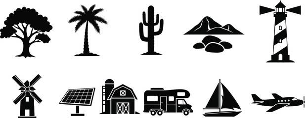 Fototapeta premium Collection of black and white nature and travel icons Vector