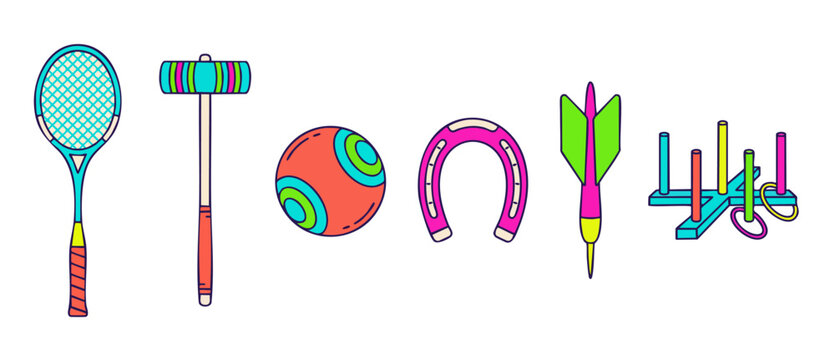 Outdoor lawn game equipment icons featuring classic backyard sports items including a tennis racket, croquet mallet, bocce ball, lucky horseshoe, dart, and ring toss game set on white background.