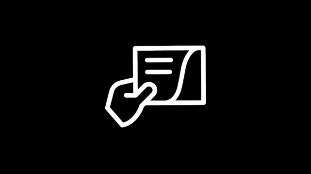 Hand holding a document with lines and a curved edge, white outline on black