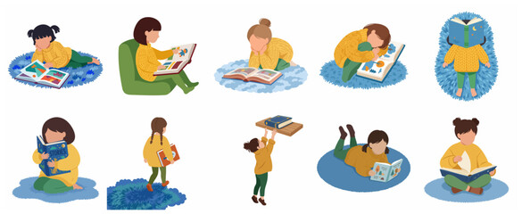 Fototapeta premium Set of Little Girls Reading Books Flat Vector Illustration