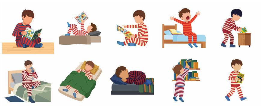 Set of Little Boy Bedtime Routine Activities with Striped Pajamas Illustration