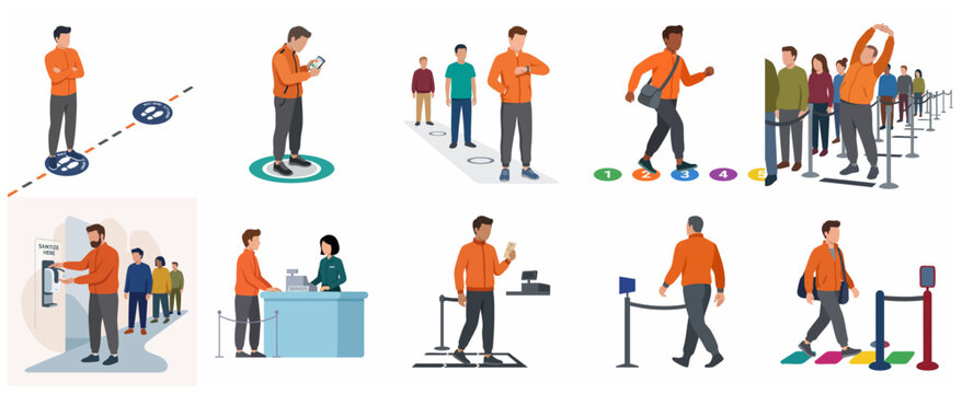 People queuing and practicing social distancing flat vector illustration set, including hand sanitizing and floor markers for public safety