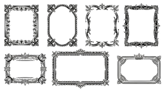 Ornate Silver Picture Frames with Baroque Scrolls and Crowns Isolated on Solid Black Background
