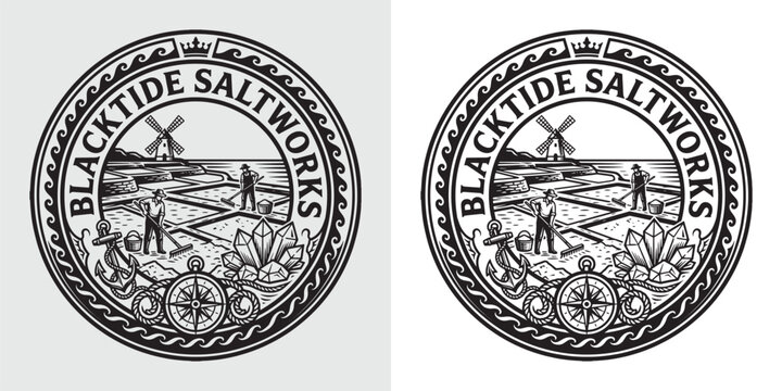 Vintage Style Emblem Logo for Blacktide Saltworks with Workers and Landscape
