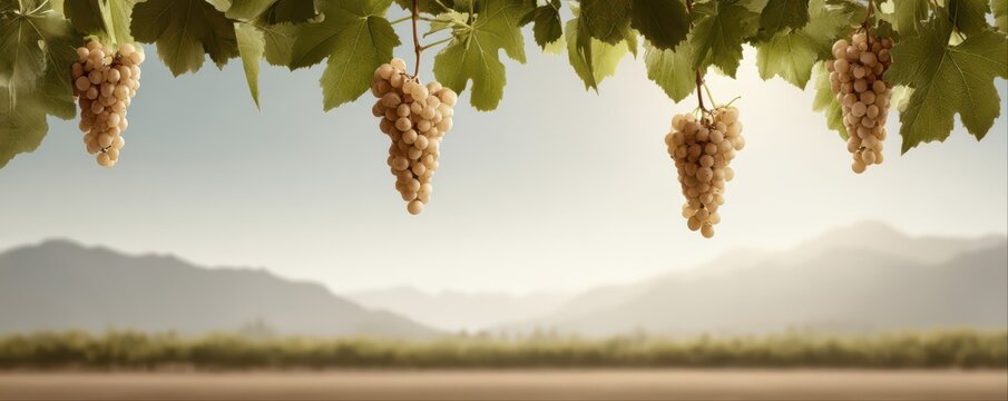Golden grapes dangle from vines in a sunlit vineyard, featuring rolling hills and rich natural textures. A cinematic winemaking landscape with warm, glowing colors.