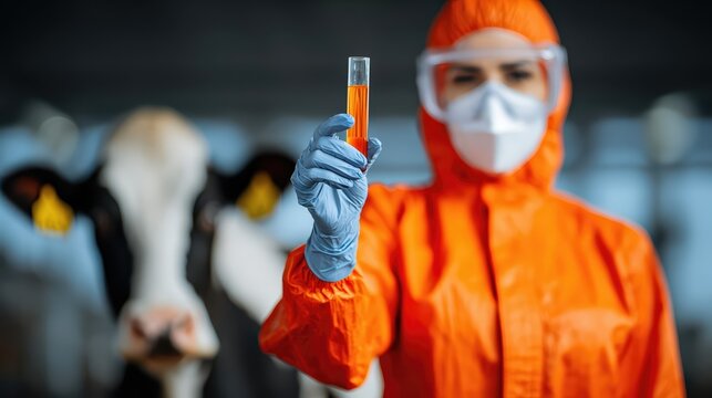 A veterinarian in full protective gear holds a test tube near a cow in a modern farm. Focus on biosecurity and clinical testing in animal healthcare settings.
